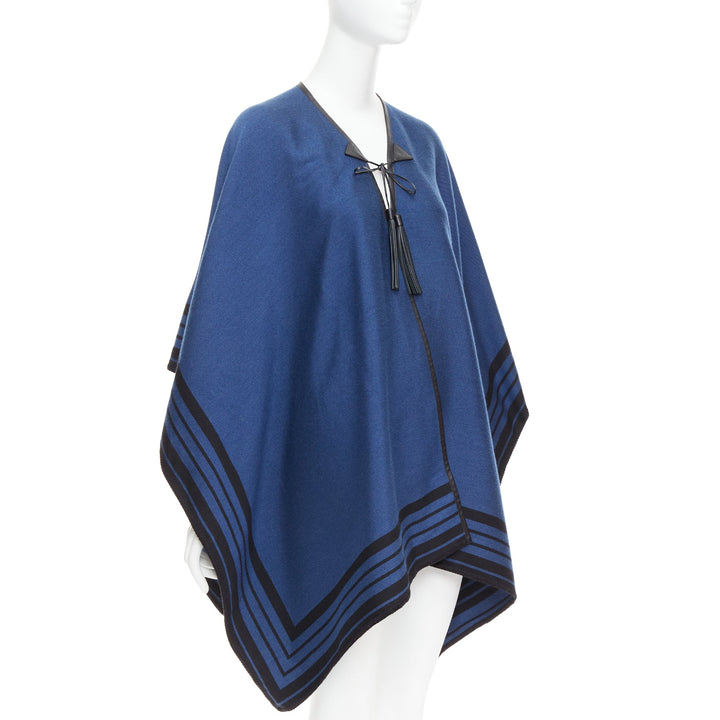 LOUIS VUITTON blue cashmere blend black leather tassel LV logo poncho