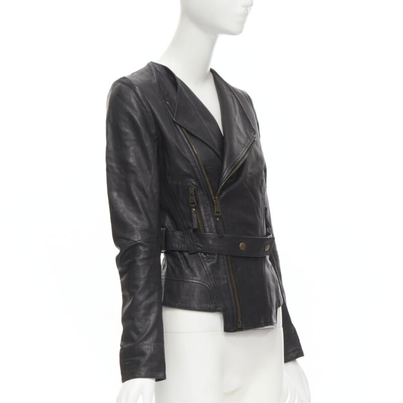 BALENCIAGA 2009 black lambskin leather asymmetric collar biker jacket FR36 XS