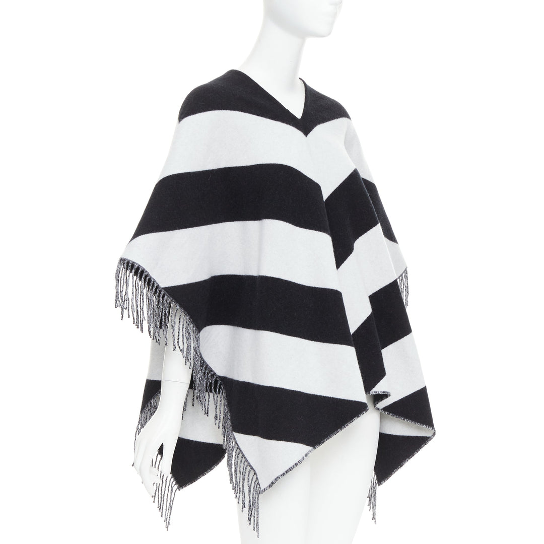 VALENTINO black white stripes logo double layer poncho scarf top