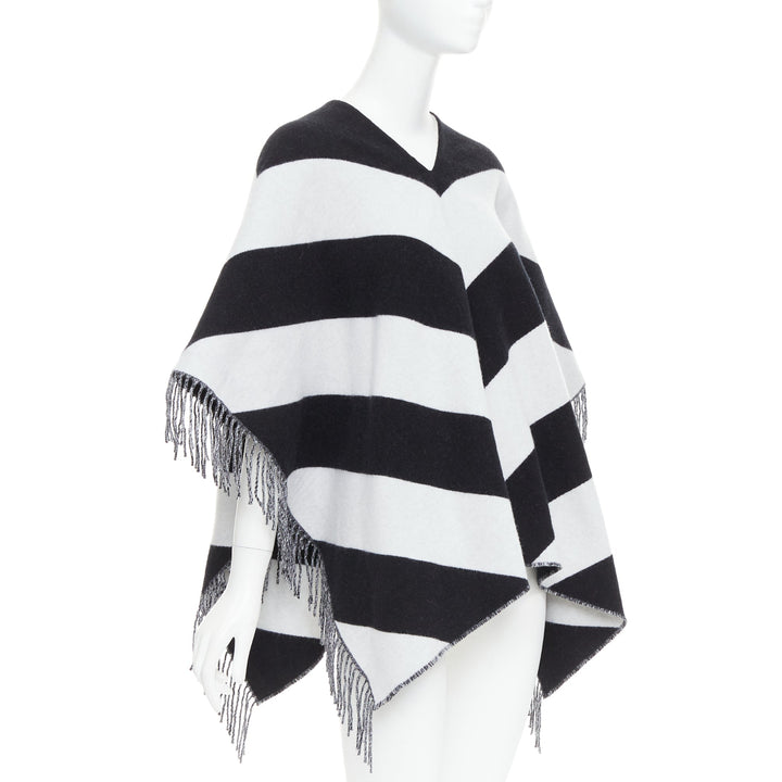 VALENTINO black white stripes logo double layer poncho scarf top