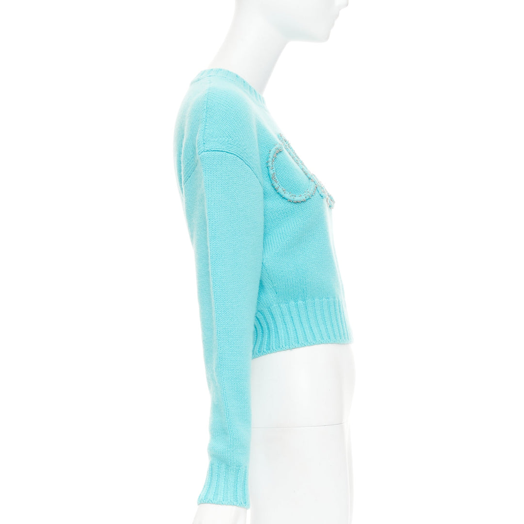 CHANEL 2020 100% cashmere cyan blue CC cursive logo cropped sweater¬† FR36 S