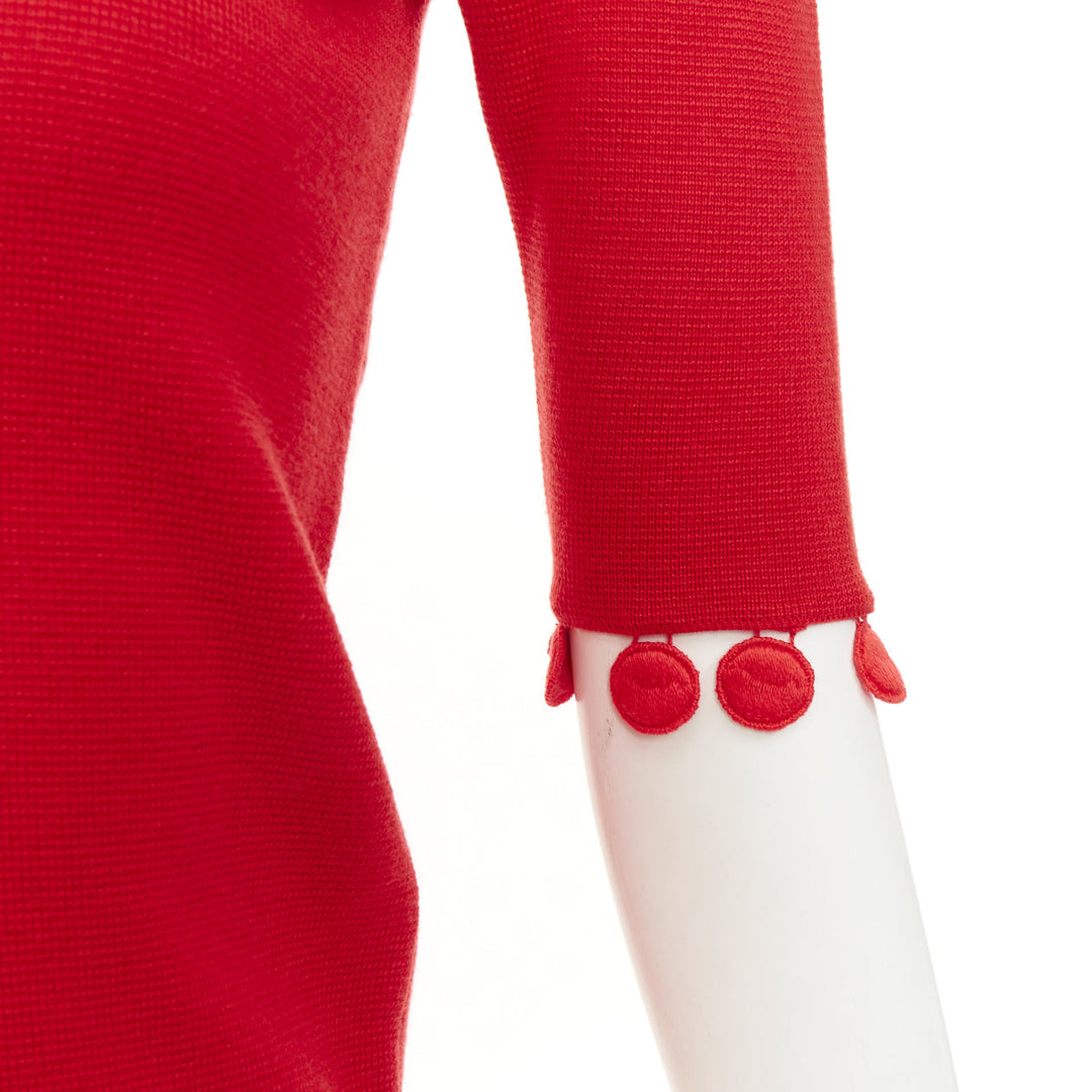 OSCAR DE LA RENTA 2019 red wool silk sheer tulle mesh yoke pom pom button top