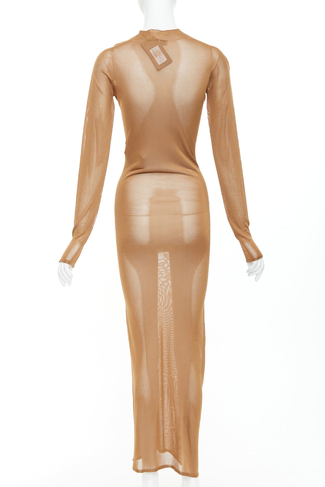 SAINT LAURENT Anthony Vaccarello 2022 warm brown crew neck sheer maxi dress S