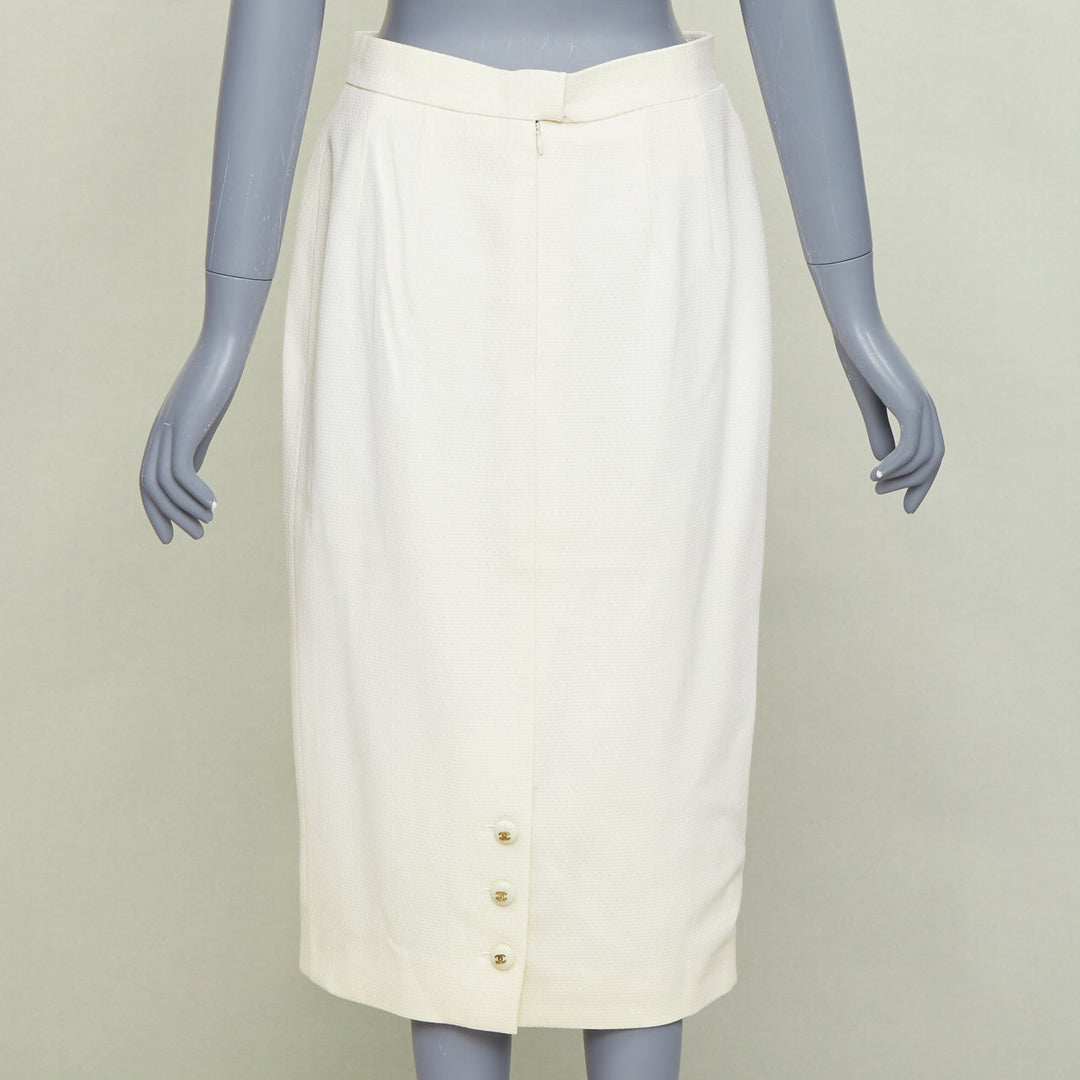 CHANEL 93P ivory wool gold CC logo button slit silk pencil skirt FR42 XL