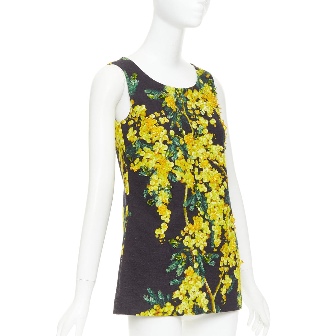 DOLCE GABBANA yellow black beaded mimosa acacia print floral tunic IT38 XS