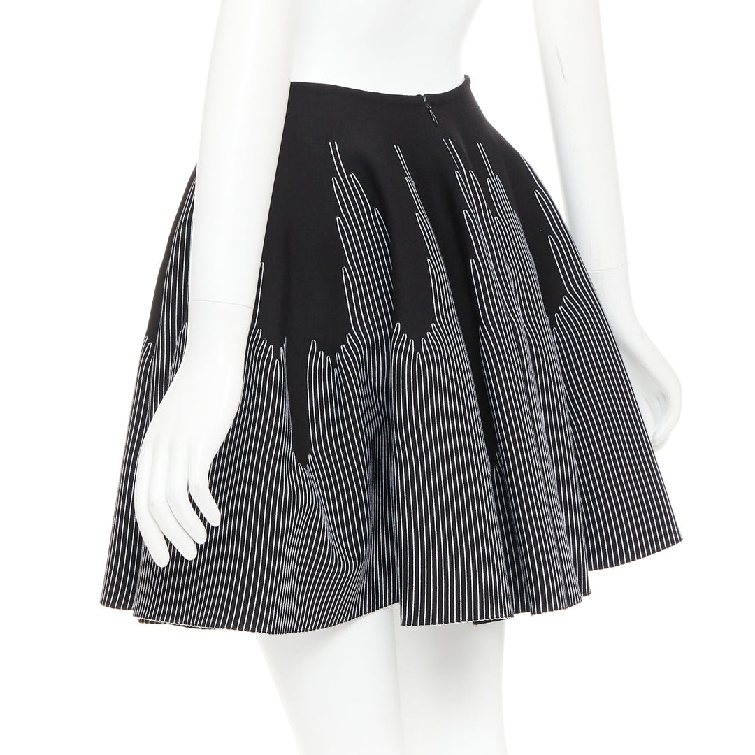ALAIA black white wool blend topstitch flared high waist skater skirt FR38 M