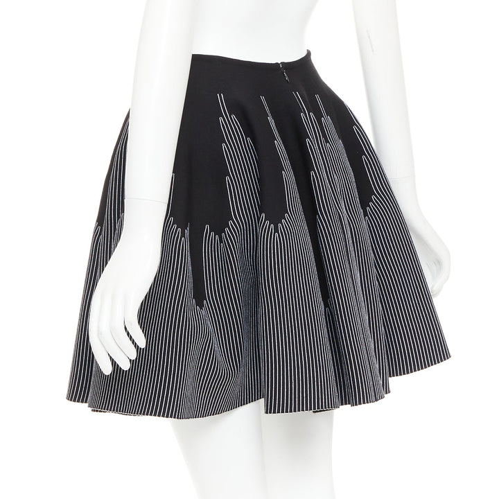 ALAIA black white wool blend topstitch flared high waist skater skirt FR38 M
