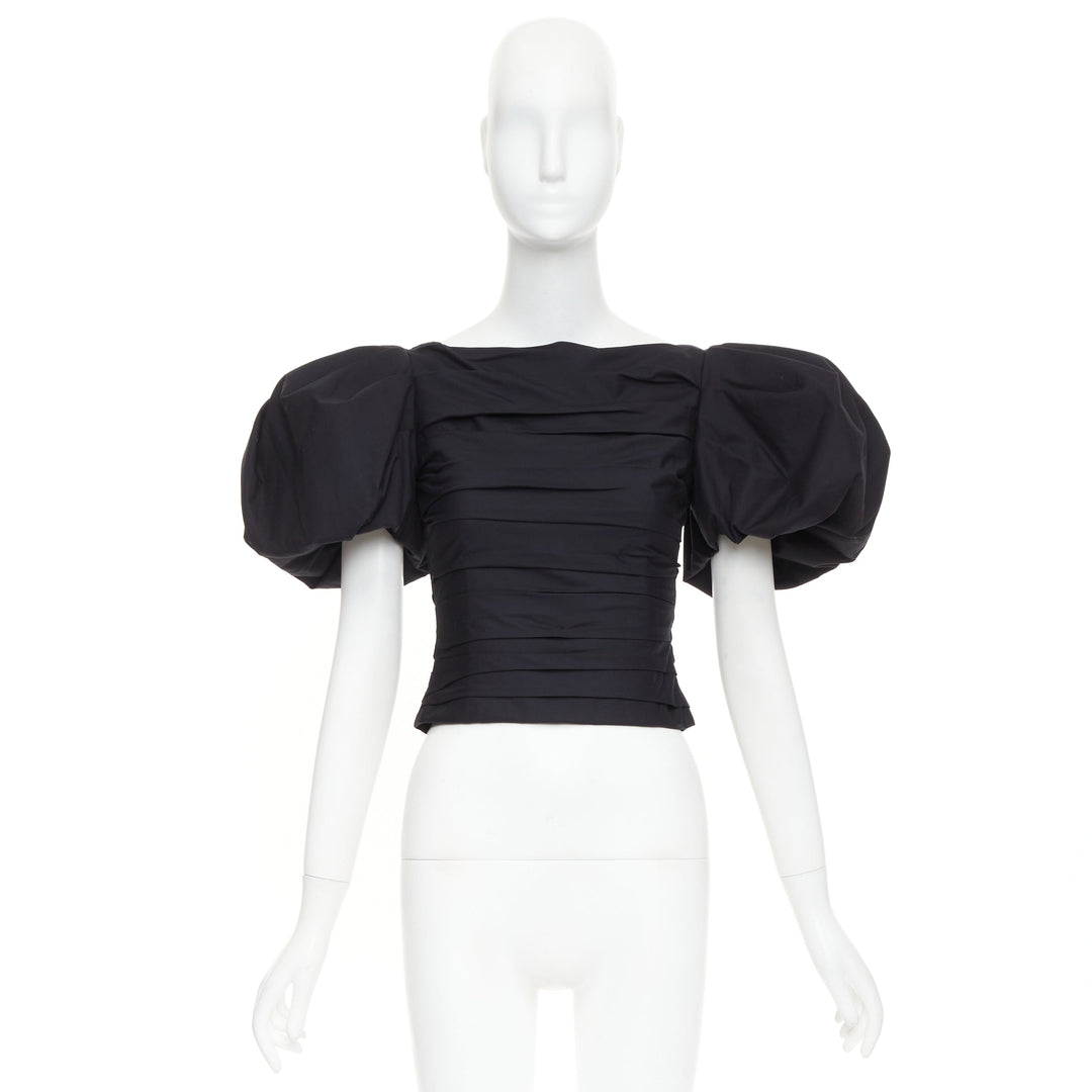 KHAITE Kai black cotton poplin puff sleeve pleated front bateau crop top US0 XS