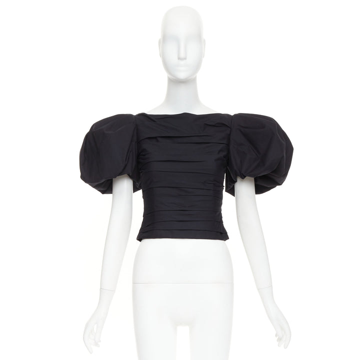 KHAITE Kai black cotton poplin puff sleeve pleated front bateau crop top US0 XS