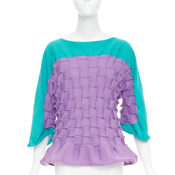 ISSEY MIYAKE purple green cotton bateau weave pleated sweater JP2 M