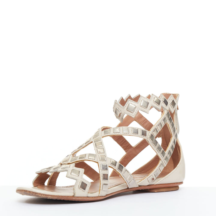 ALAIA silver square studded nude leather flat gladiator sandals EU36.5