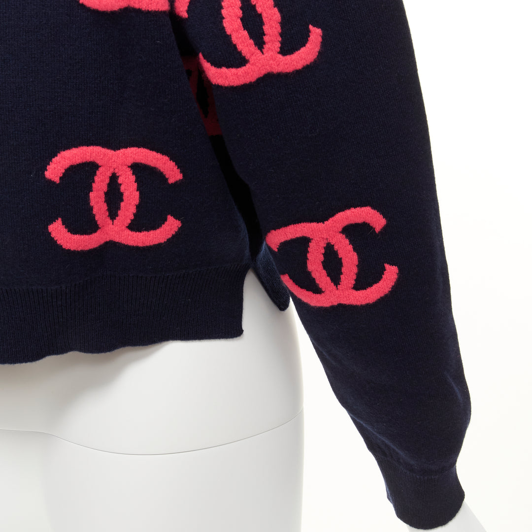 CHANEL 21P pink navy CC logo intarsia cashmere blend cropped sweater FR38 M