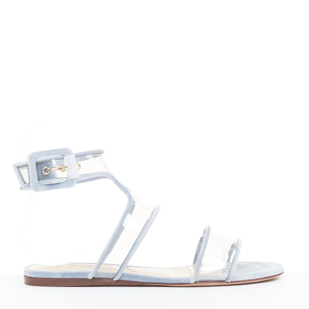 VALENTINO baby blue velvet trim clear PVC strappy flat sandals EU37