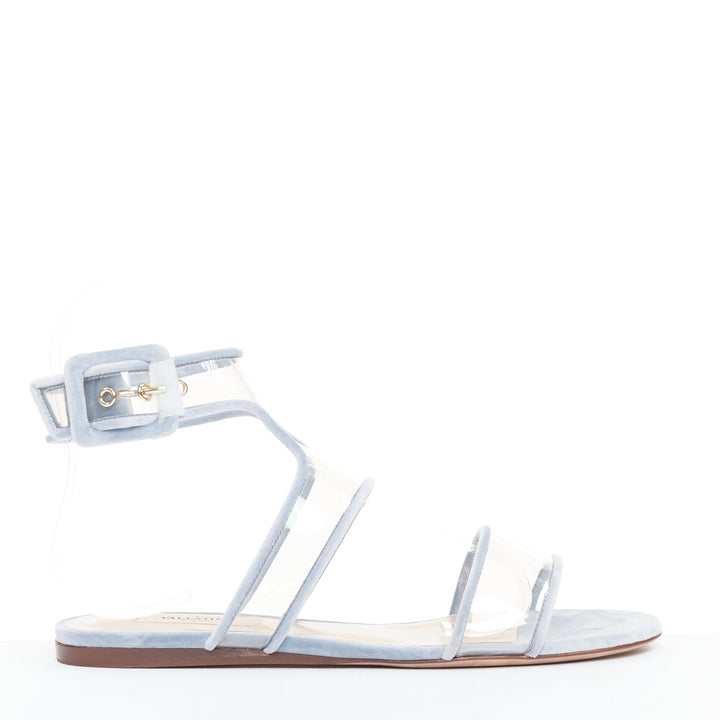 VALENTINO baby blue velvet trim clear PVC strappy flat sandals EU37