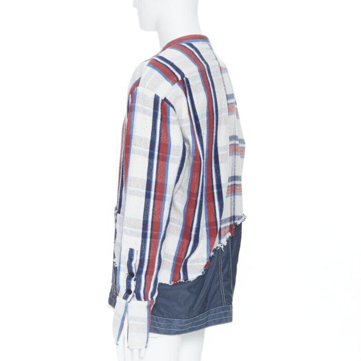 GREG LAUREN 50/50 White Plaid Navy Birdwell Studio Shirt deconstructed top S