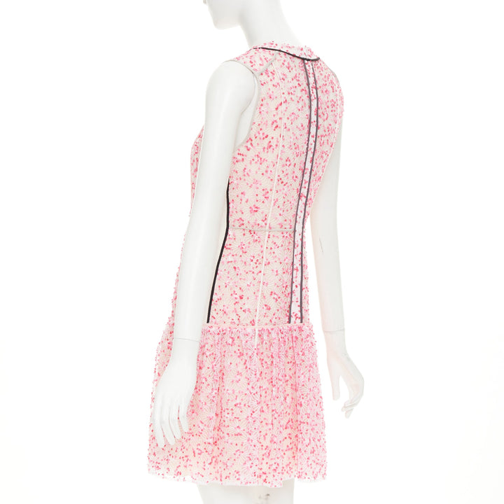 FENDI Flocked Blossom pink sheer black trim drop waist mini dress IT42 M