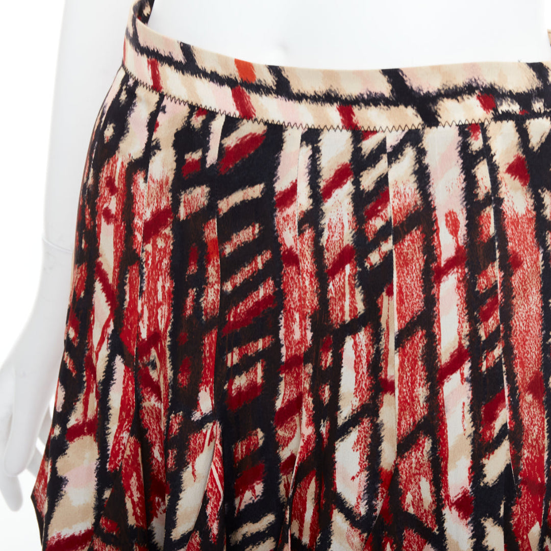 BOTTEGA VENETA 100% silk  red black abstract print pleated knee skirt IT38 XS