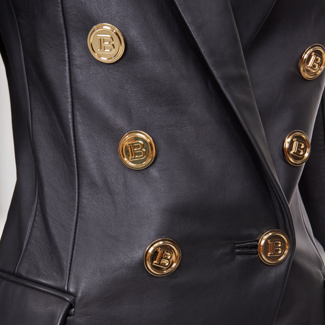 BALMAIN black lambskin leather gold buttons Pagoda shoulders jacket FR34 XS