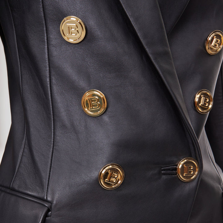 BALMAIN black lambskin leather gold buttons Pagoda shoulders jacket FR34 XS