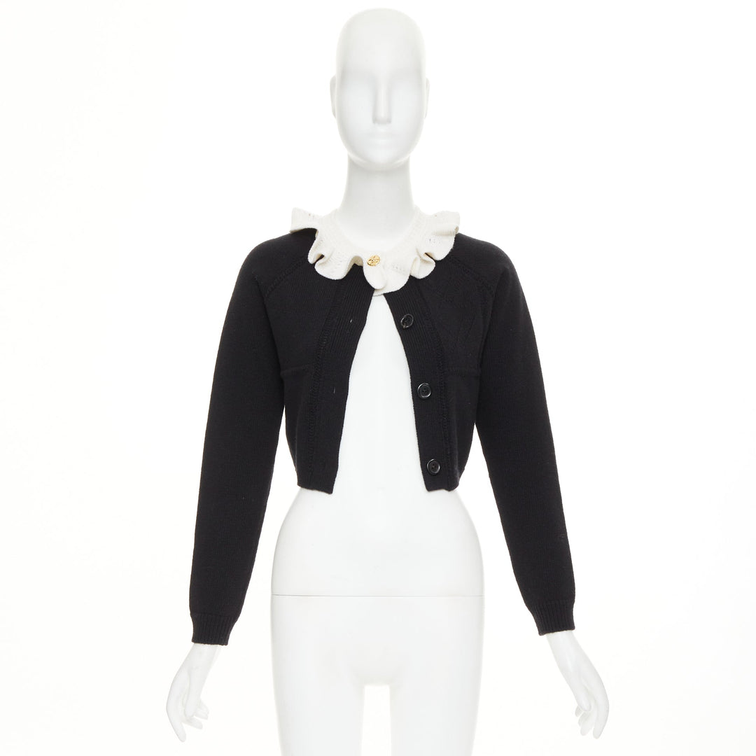 LOUIS VUITTON 2026 black cream wool blend ruffle collar gold button cardigan XXS