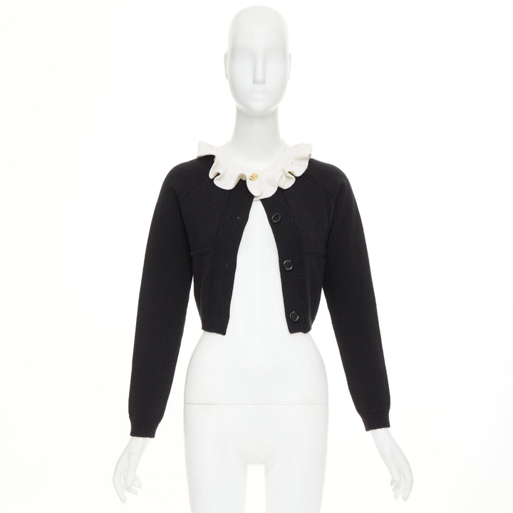 LOUIS VUITTON 2026 black cream wool blend ruffle collar gold button cardigan XXS