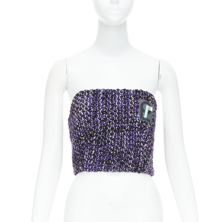 PRADA 2018 Runway purple wool tweed rubber badge strapless bustier tube IT40 S