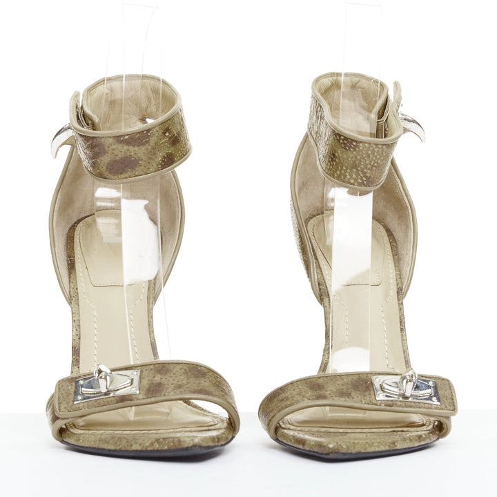 GIVENCHY 2012 Runway Shark Lock khaki textured leather turnlock sandals EU38