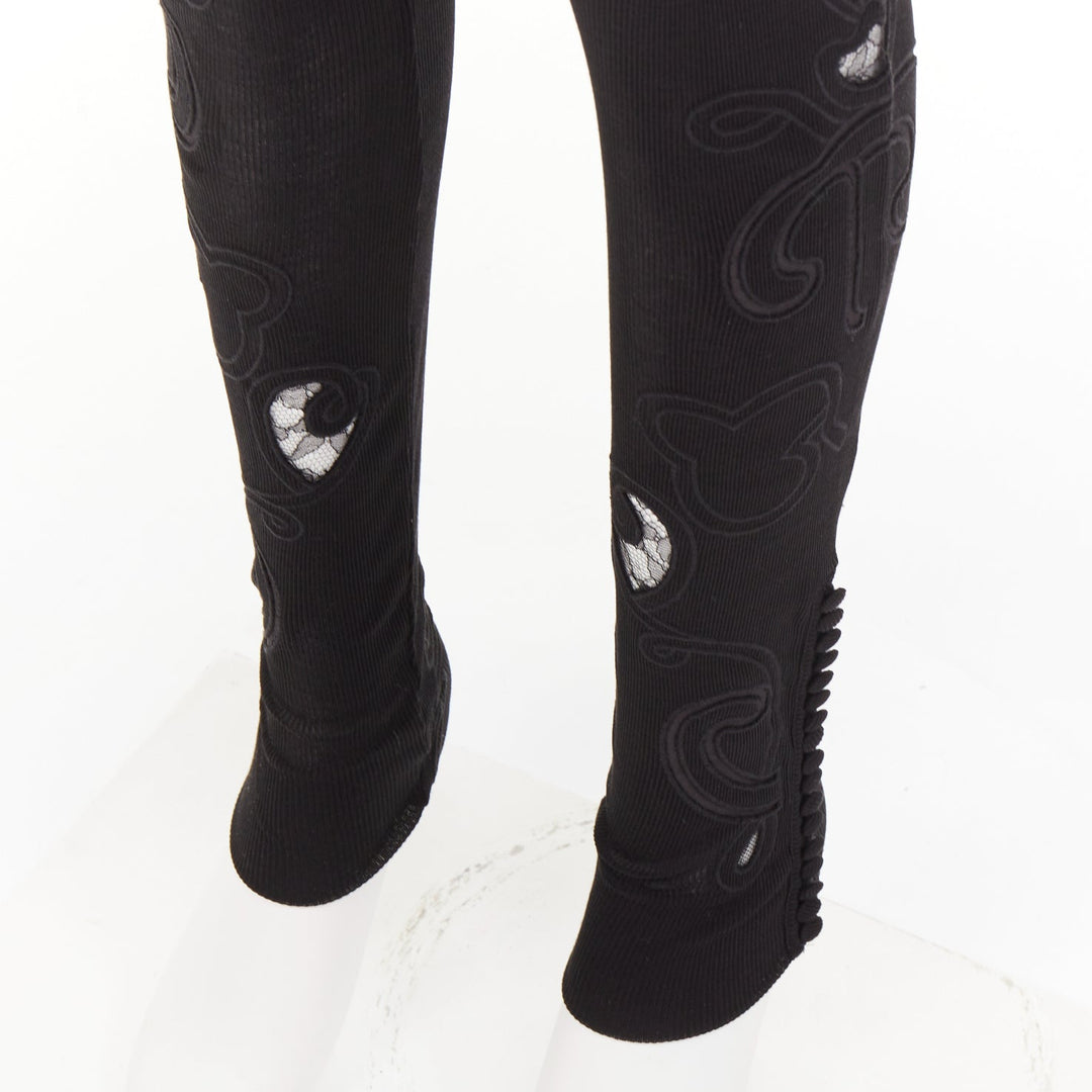 CHLOE 100% silk black lace embroidery cutout applique ribbed leggings XS