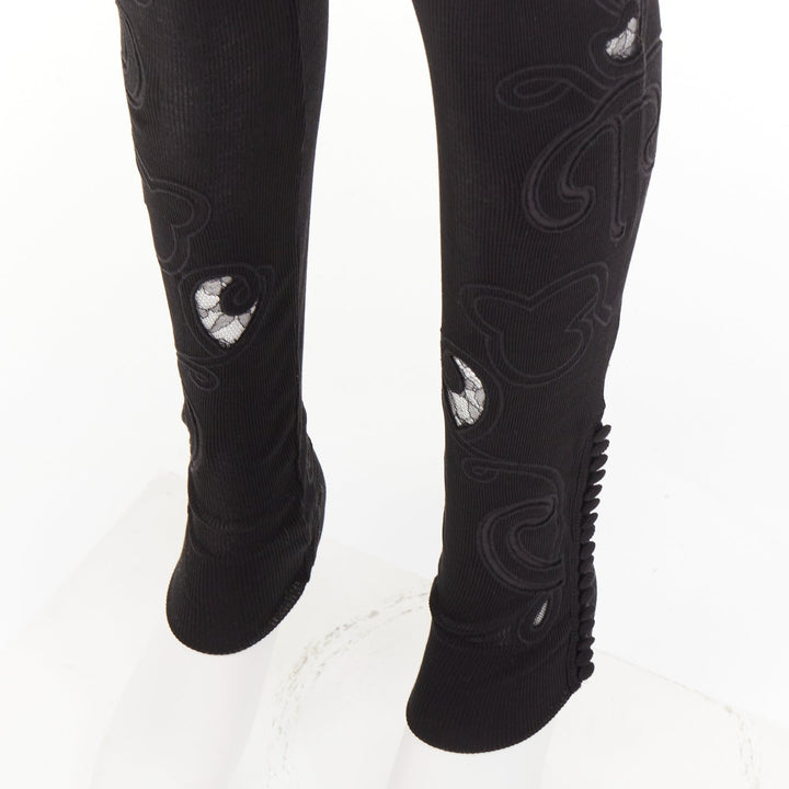 CHLOE 100% silk black lace embroidery cutout applique ribbed leggings XS