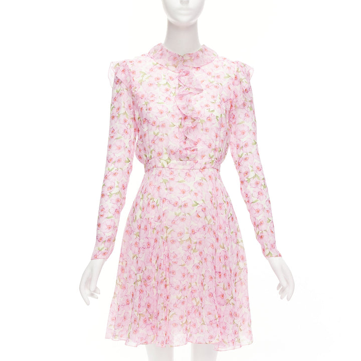 GIAMBATTISTA VALLI 100% silk pink floral illustration print ruffle dress