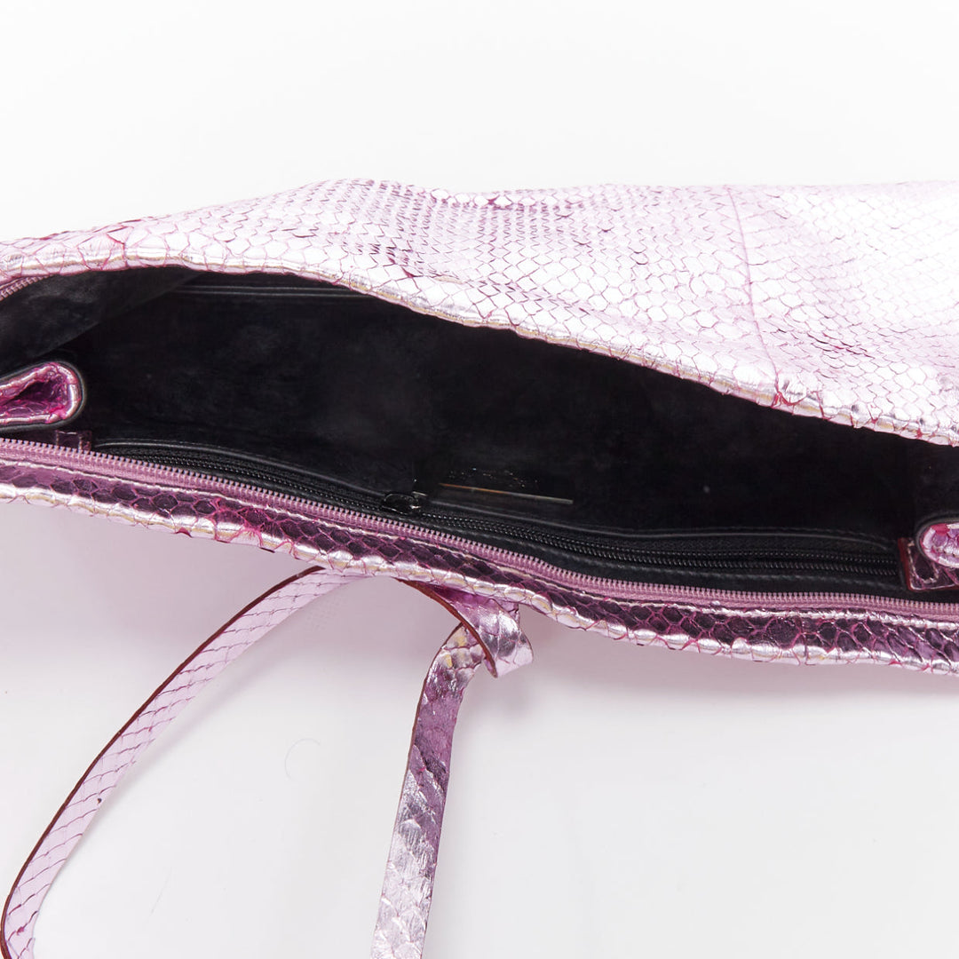YVES SAINT LAURENT pink metallic scaled leather wraparound clutch bag