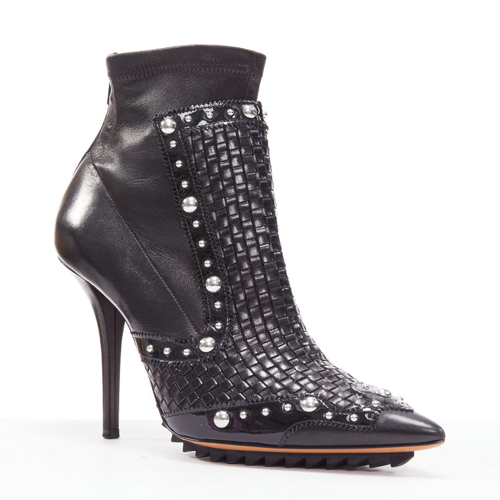 GIVENCHY Iron Line basketweave leather silver studs pointy ankle booties EU38