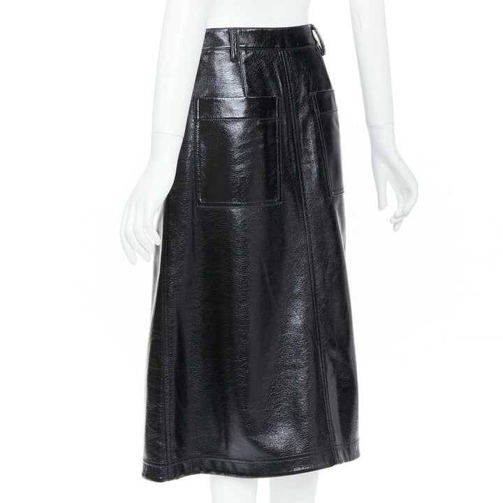 TIBI 2019 glossy black crinkled patent faux leather A-line midi skirt US0 XS