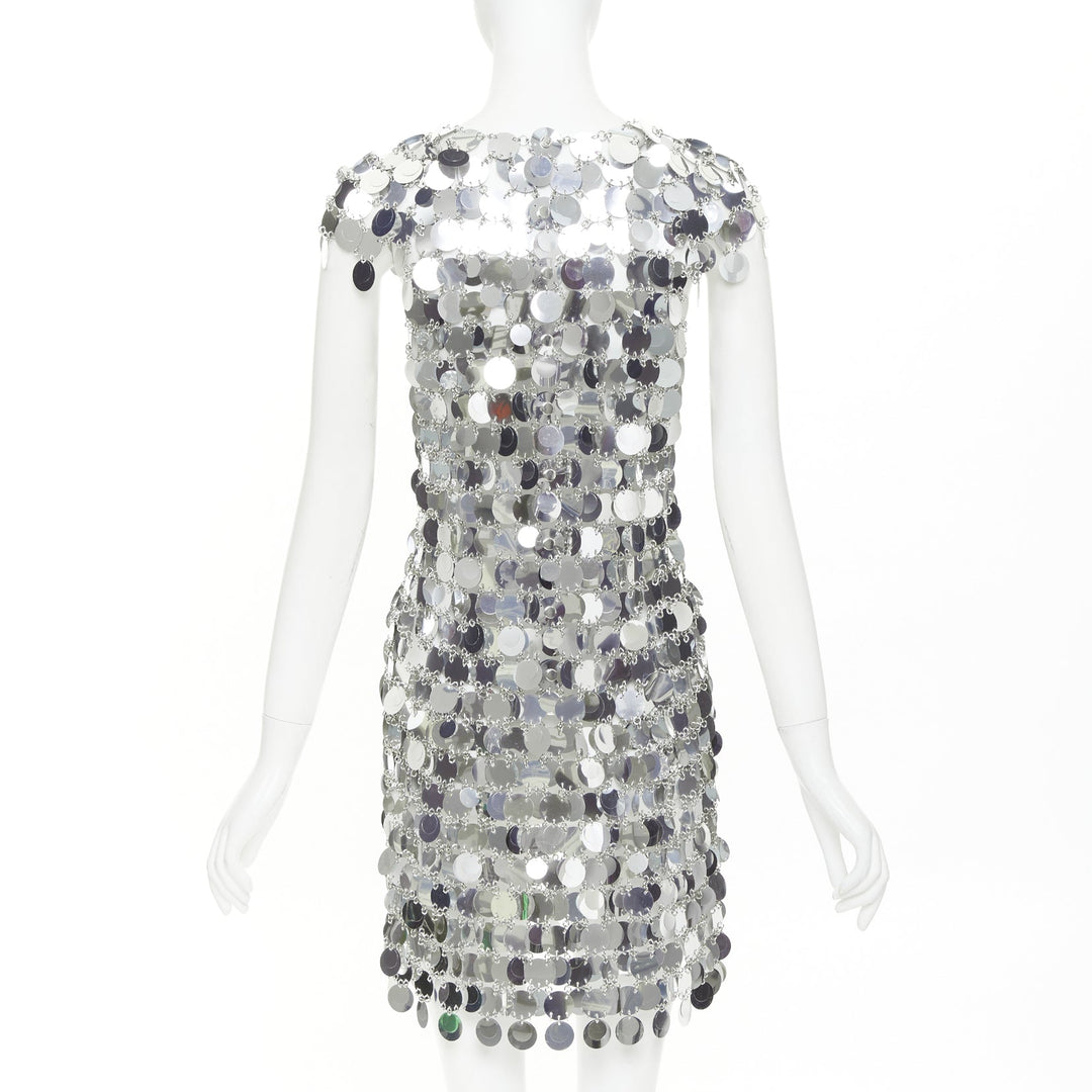 PACO RABANNE Iconic Silver Sparkle sequin chain discs mini dress FR38 M