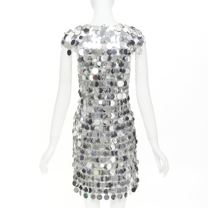 PACO RABANNE Iconic Silver Sparkle sequin chain discs mini dress FR38 M