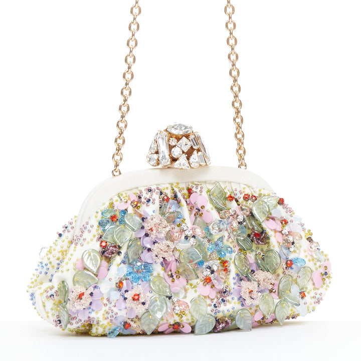 DOLCE GABBANA Pochette cream colorful crystal embellished lock frame clutch bag