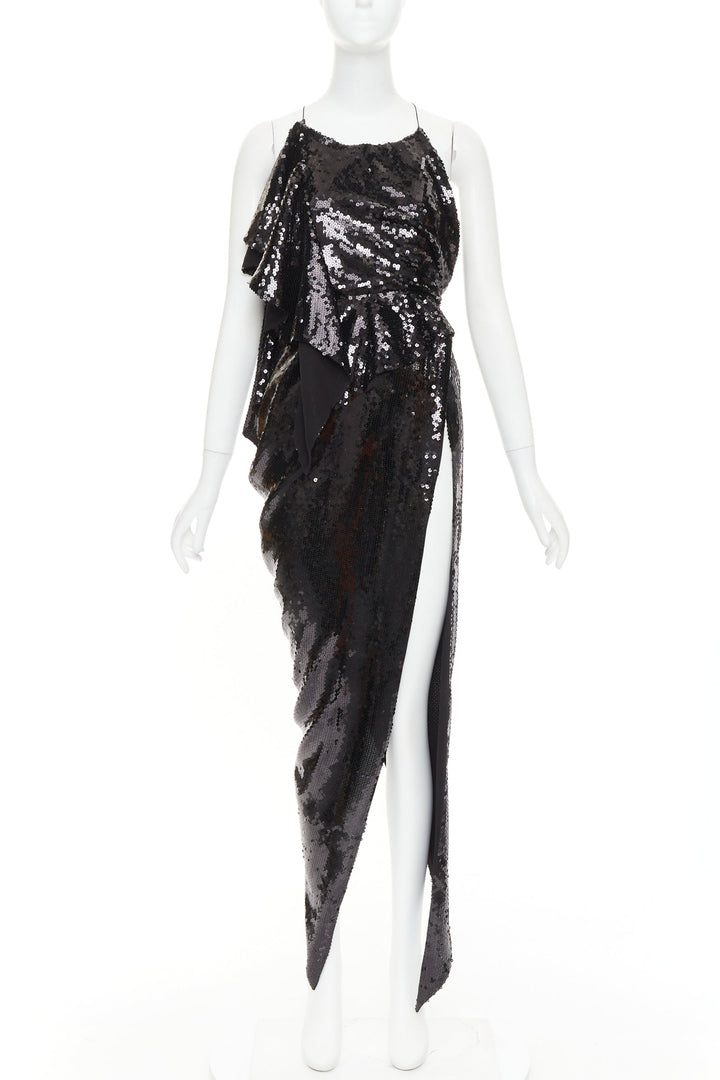 rare ALEXANDRE VAUTHIER COUTURE SS2022 Runway black sequin drape high slit dress