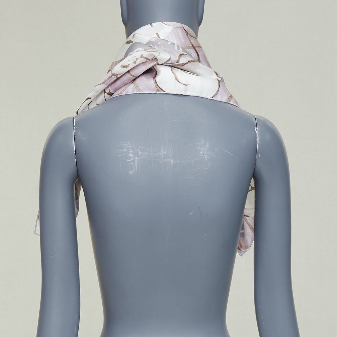 CHANEL 100% silk pink grey CC logo camellia flowers checkered pearl scarf 85cm