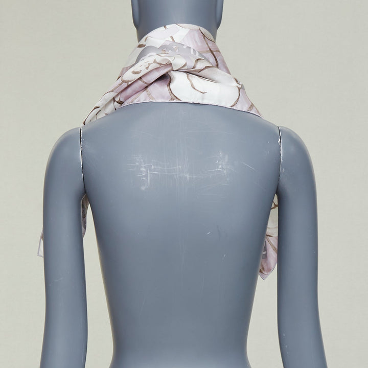 CHANEL 100% silk pink grey CC logo camellia flowers checkered pearl scarf 85cm