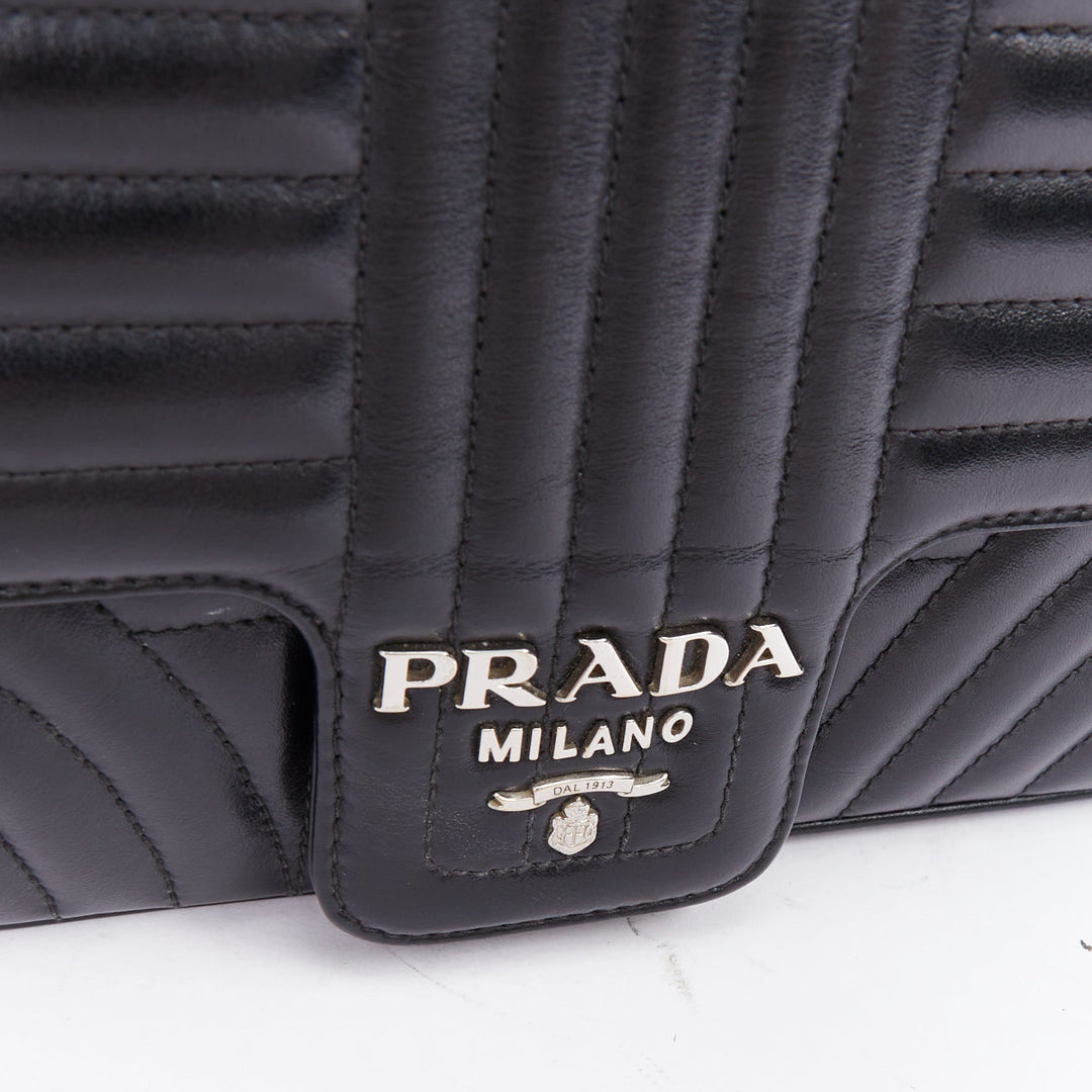 PRADA Diagramme black quilted silver logo crossbody flap shoulder bag