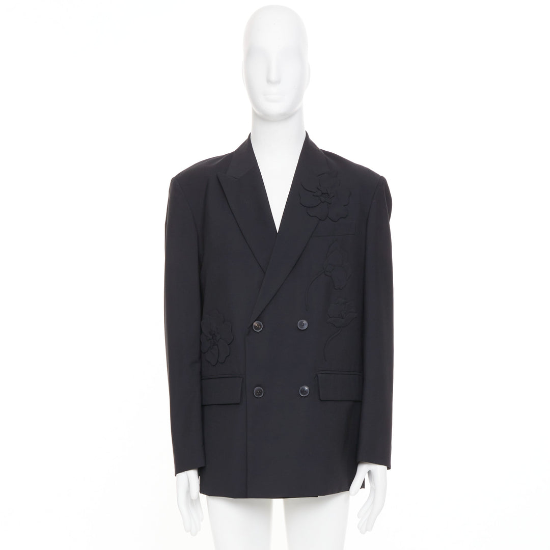 VALENTINO black floral applique double breasted virgin wool blazer jacket IT46 S