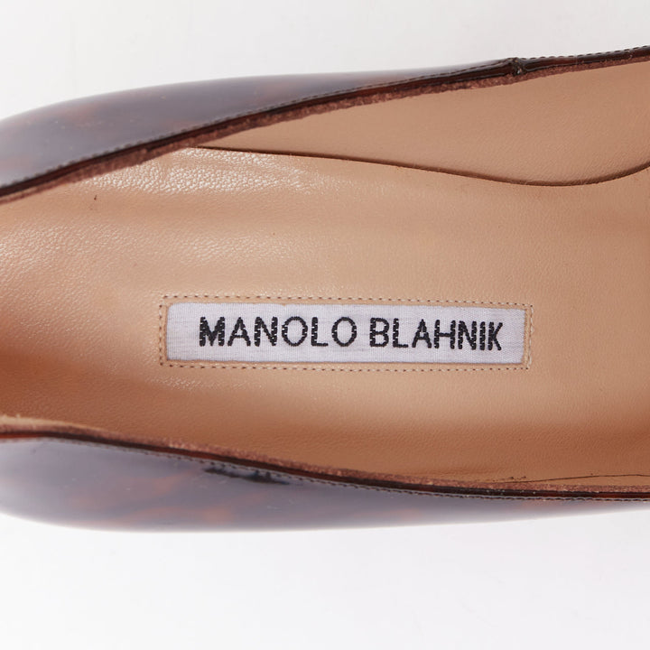 MANOLO BLAHNIK brown tortoise shell print patent stiletto pumps EU37.5