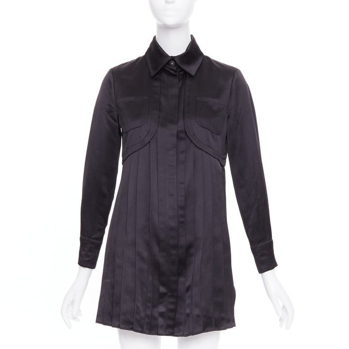 CHANEL black 100% silk pocketed gun flap pleated tunic shirt dress FR34 XS
