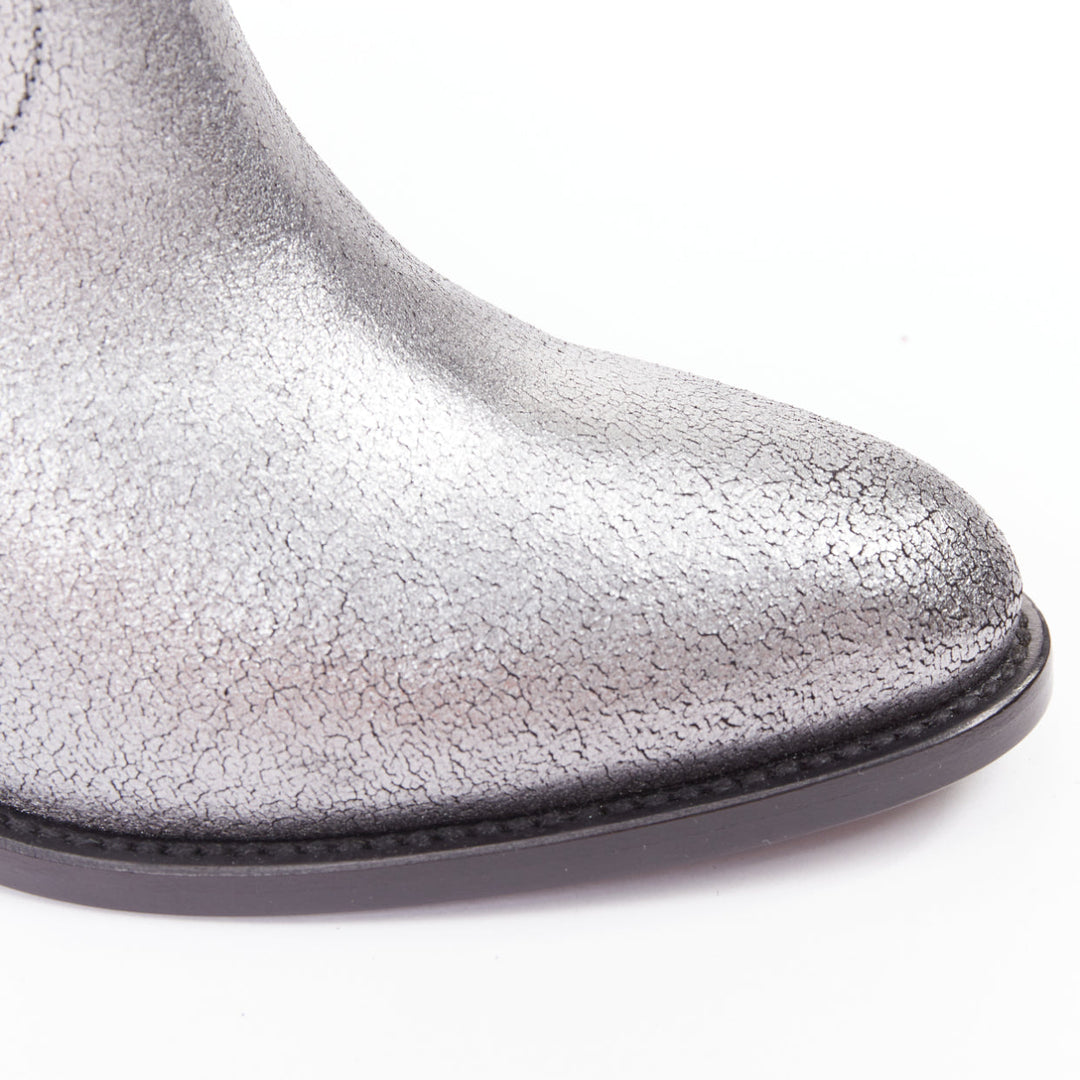 SAINT LAURENT metallic silver blue leather western cowboy ankle boot EU37.5
