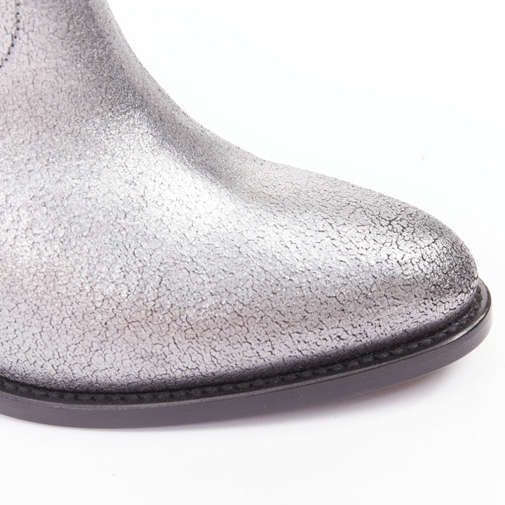 SAINT LAURENT metallic silver blue leather western cowboy ankle boot EU37.5