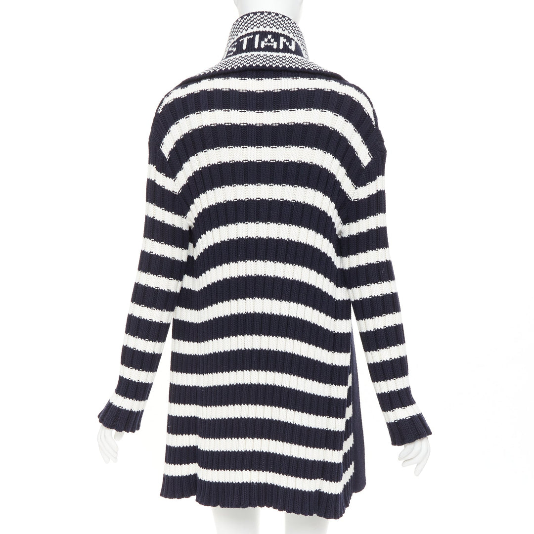 DIOR navy white cotton cashmere logo intarsia back neck striped cardigan FR34 XS