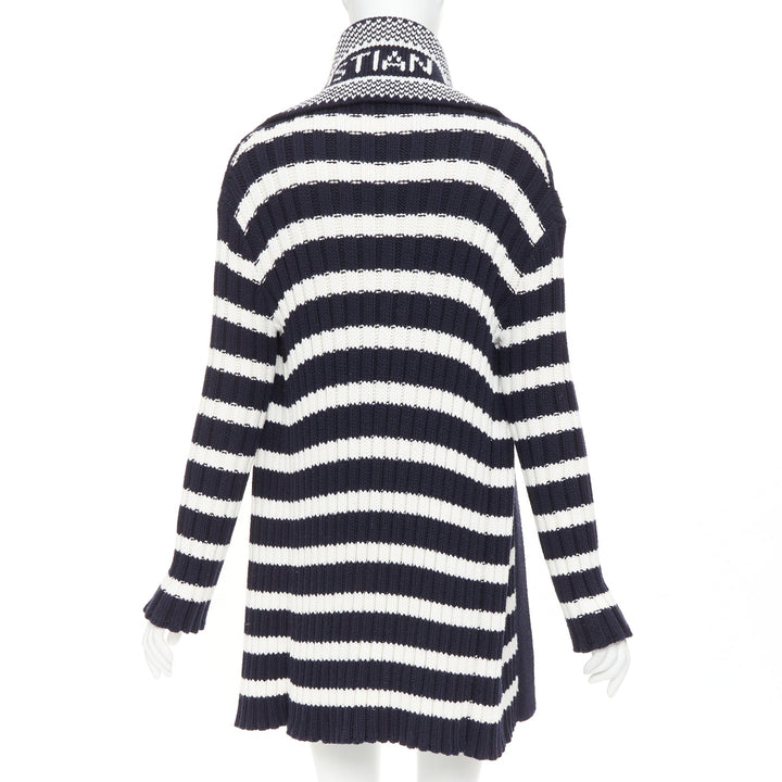 DIOR navy white cotton cashmere logo intarsia back neck striped cardigan FR34 XS