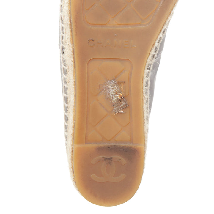 CHANEL bicolor grey lambskin leather black cap toes CC espadrilles shoes EU39