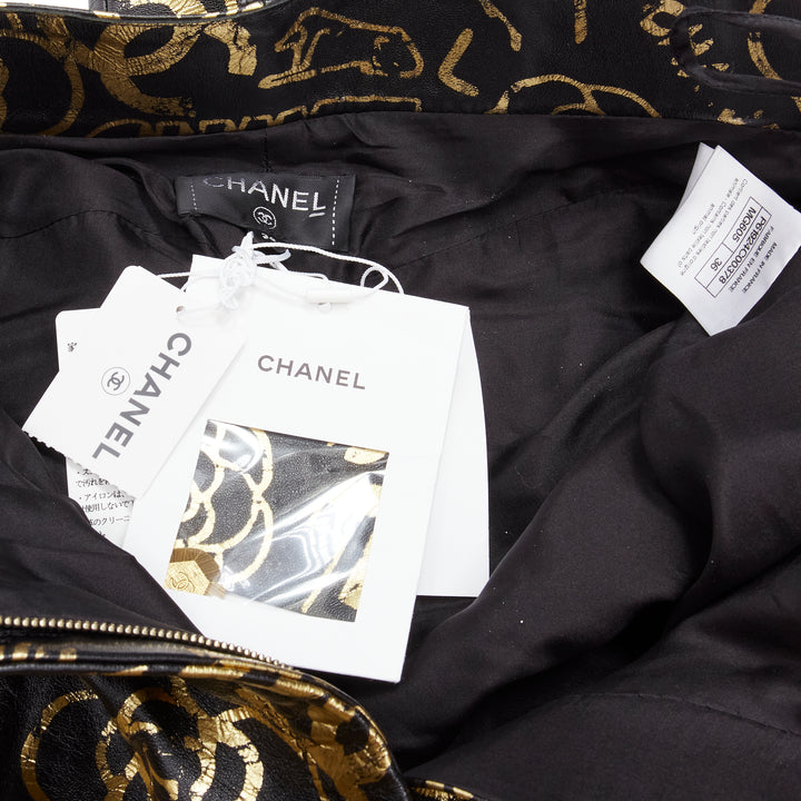CHANEL 19A gold CC Camellia graffiti black lambskin leather pants FR34 XS