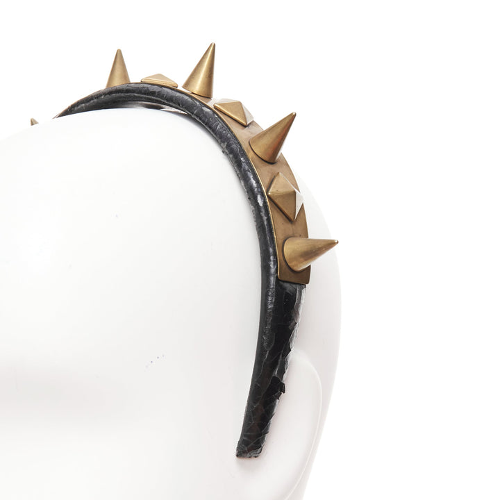rare GIVENCHY Riccardo Tisci antique gold spike black leather headband